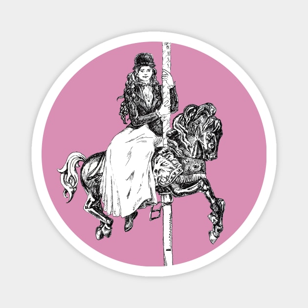 Ink drawing - vintage lady on carousel horse Magnet by LadyCaro1